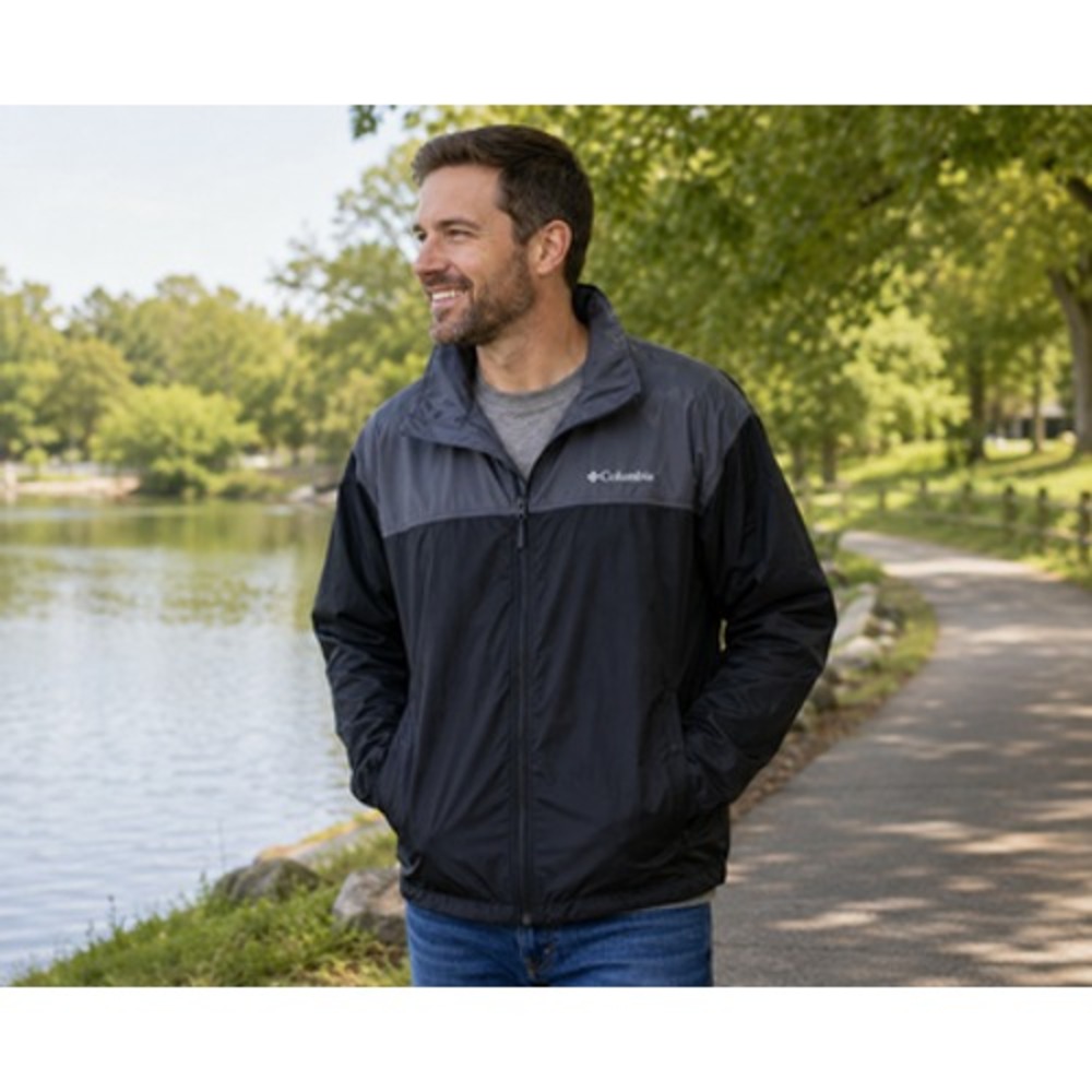 Columbia Men's XXL Black Gray Lightweight Rain Jacket Hidden Hood Mesh Lined Ful